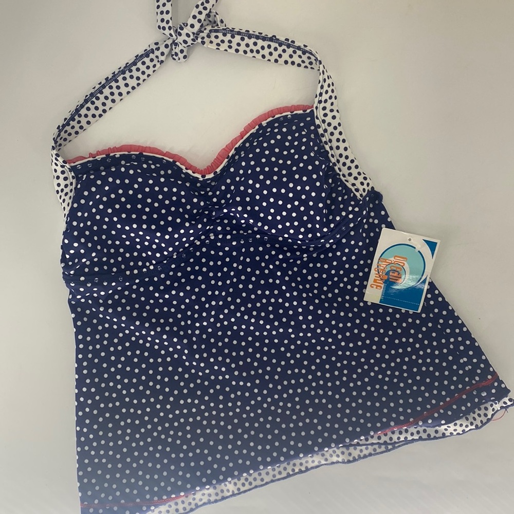 Navy Polka Dot Halter Tankini Top with Pink Trim